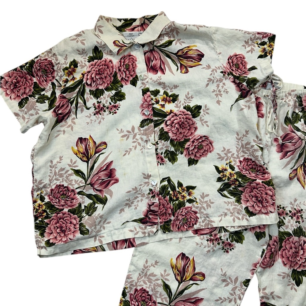 100% Linen Floral Women Pajamas Set - Pink and Cream.XL - Picture 8 of 11